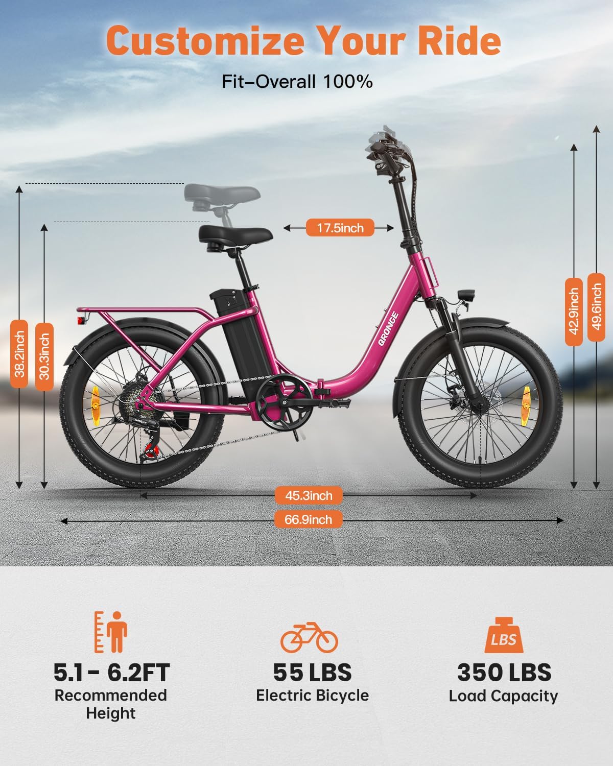 QRONGE Electric Bike, 1000W Peak Folding Electric Bike, 486Wh 70 Miles Range Ebike, 20" Step-Thru Bicycle with Front Basket, Waterproof Removable Battery, 7 Speed, 25 MPH Max, Rose Red