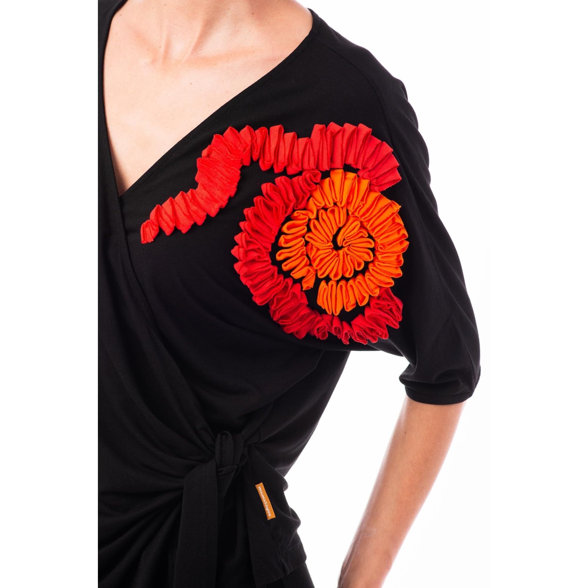 Mamatayoe Top Emblema para Mujer Negro S-XXL | Suéter, Escote en Pico, Media Manga, Detalles de Punto y Bordado Floral