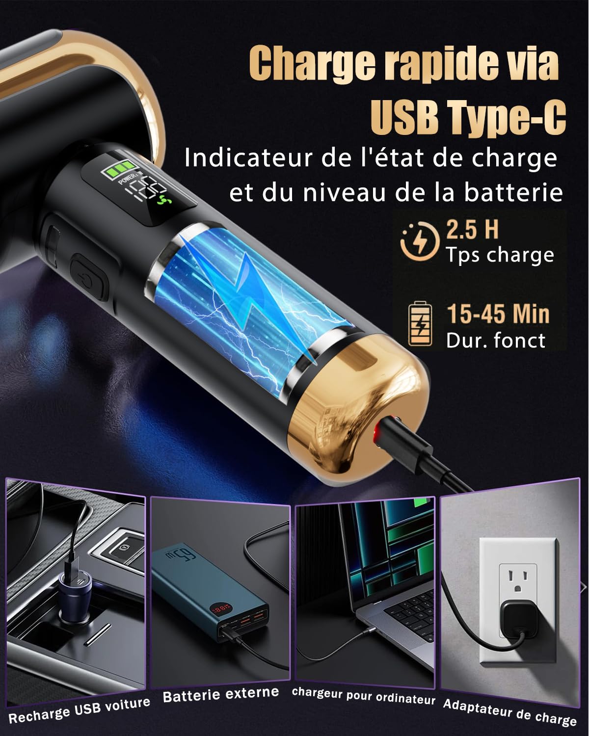 Aspirateur à Main sans Fil Puissant 27000 Pa pour Voiture