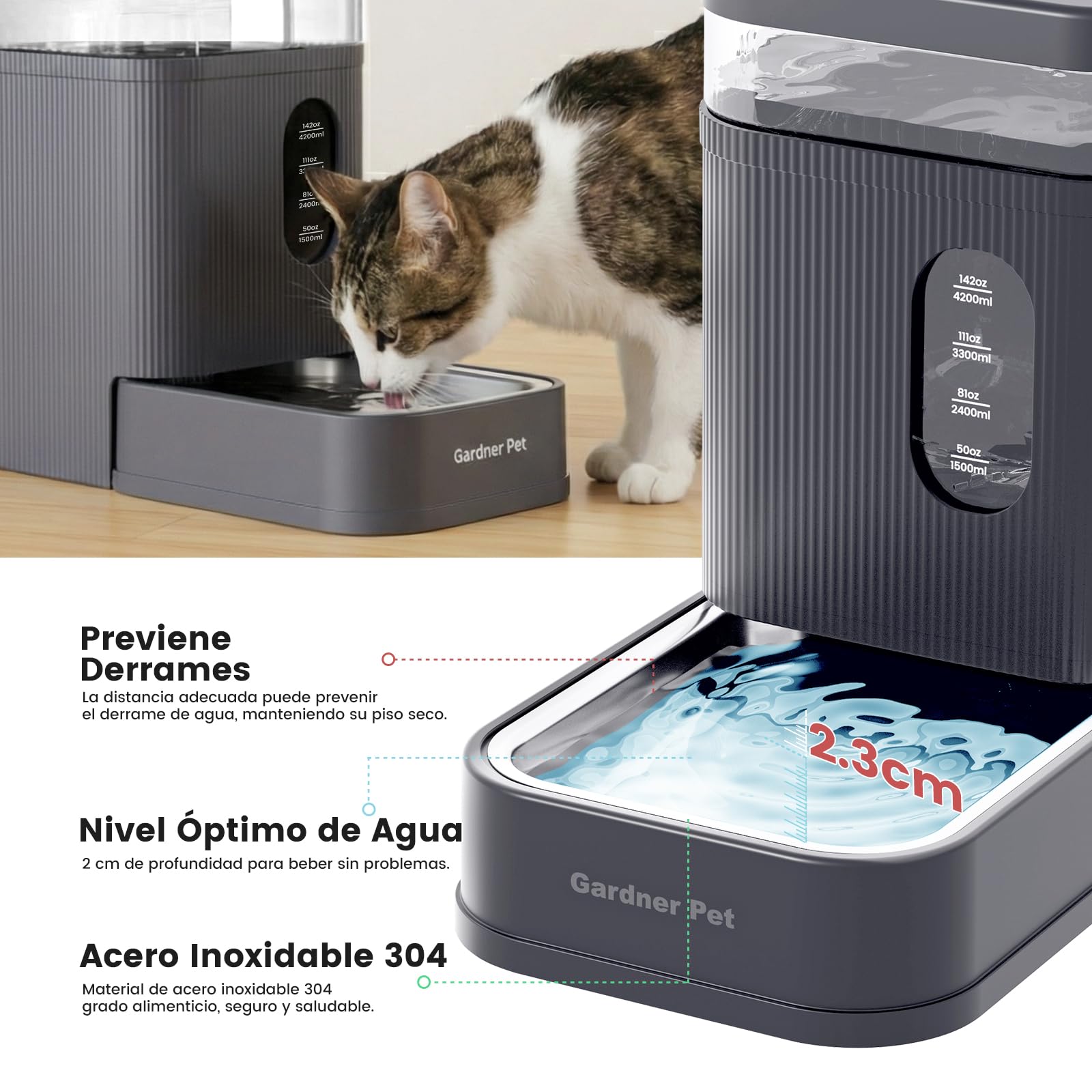 Gardner Pet dispensador Agua Gatos automático de 6.5L, Bebedero Perro automatico por Gravedad con Cuenco de Acero Inoxidable, dispensador de Agua para Perros, sin Electricidad, Libre de BPA - Gris
