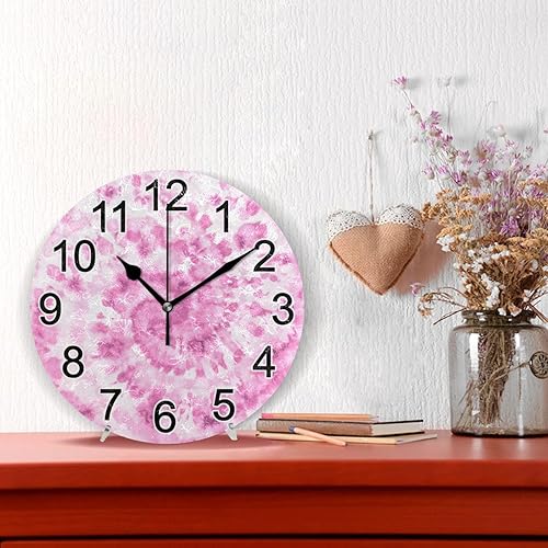 Miniatura 2 de BOENLE Reloj de pared con estampado de teñido anudado rosa, reloj de cocina silencioso sin tictac, grande, decorativo, funciona con pilas, 10