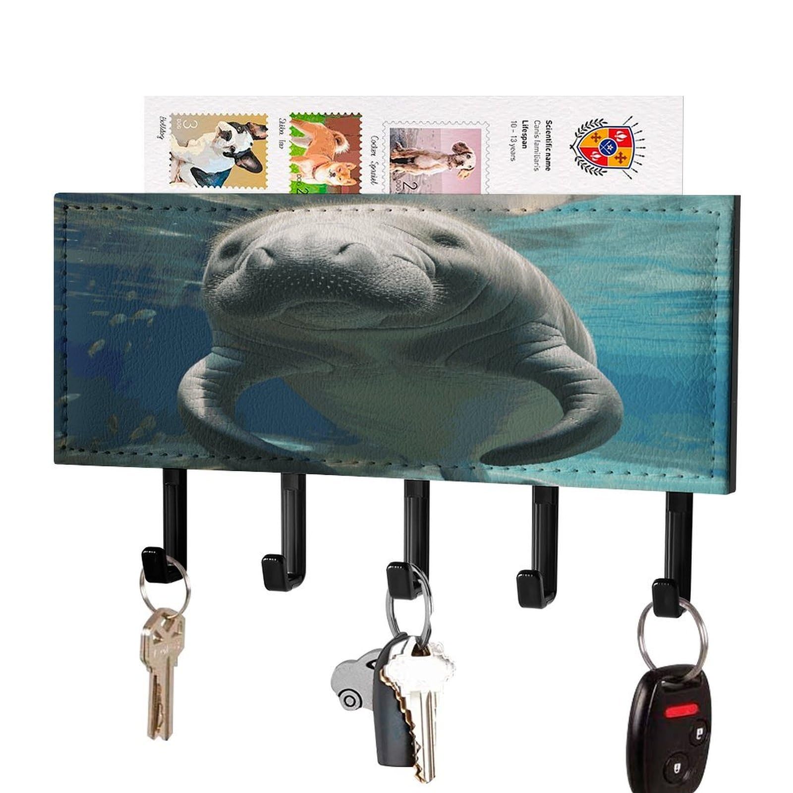 JTREHY Cute Sea Animal Manatee Key Holder Wall Mount Decorative Key and Mail Holder PU Leather Adhesive Key Organizer Hanging Key Hooks Wall Shelf with 5 Hooks for Entryway Hallway Office