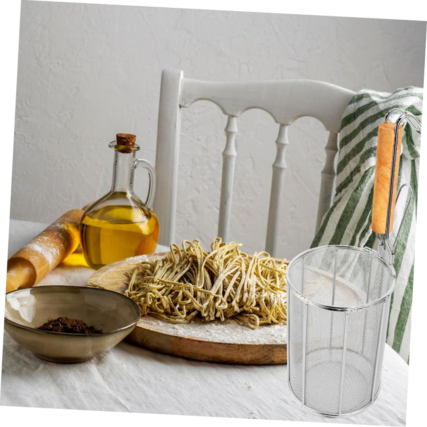 STOBAZA Colador de Pasta de Acero Inoxidable con Asa de Madera Colador de Malla para Escurrir Fideos para Uso Cocina