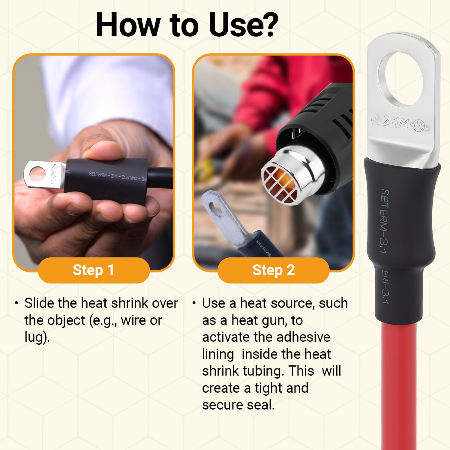 SELTERM 25pcs 4 AWG 5/16" Stud Marine Grade Tinned Copper Wire Lugs & Large Size Black 108 Pcs 3:1 Dual Wall Adhesive Line Heat Shrink Tubing Kit 1, 3/4, 1/2, 5/8 Inch Assortment Kit