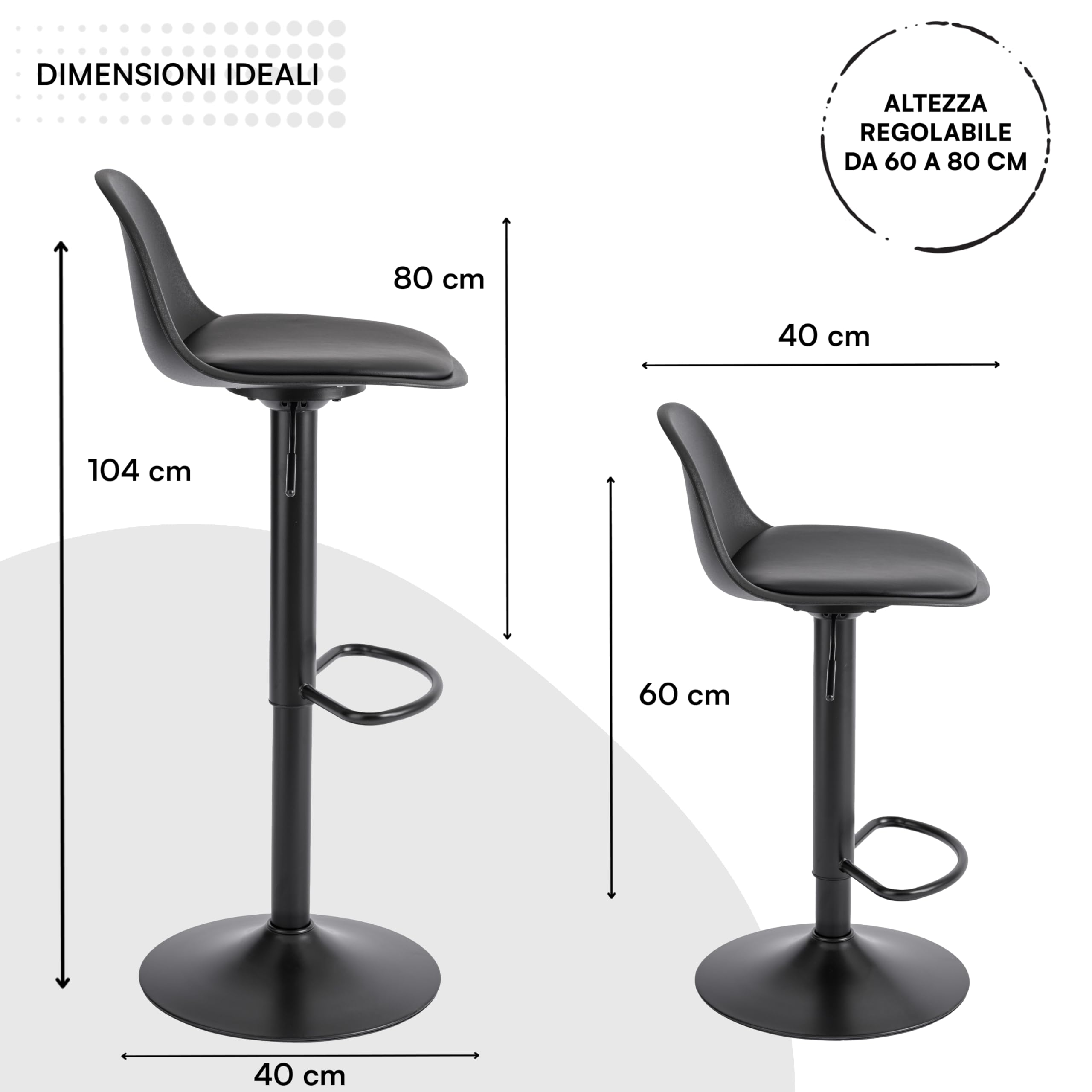 Baroni Home Sgabello Girevole con Schienale e Cuscino, Altezza Regolabile e Poggiapiedi, Fondo Antigraffio, Ideale per Sala da Pranzo, Ristorante, Nero, 1 Pezzo, 40x40x80-104 cm