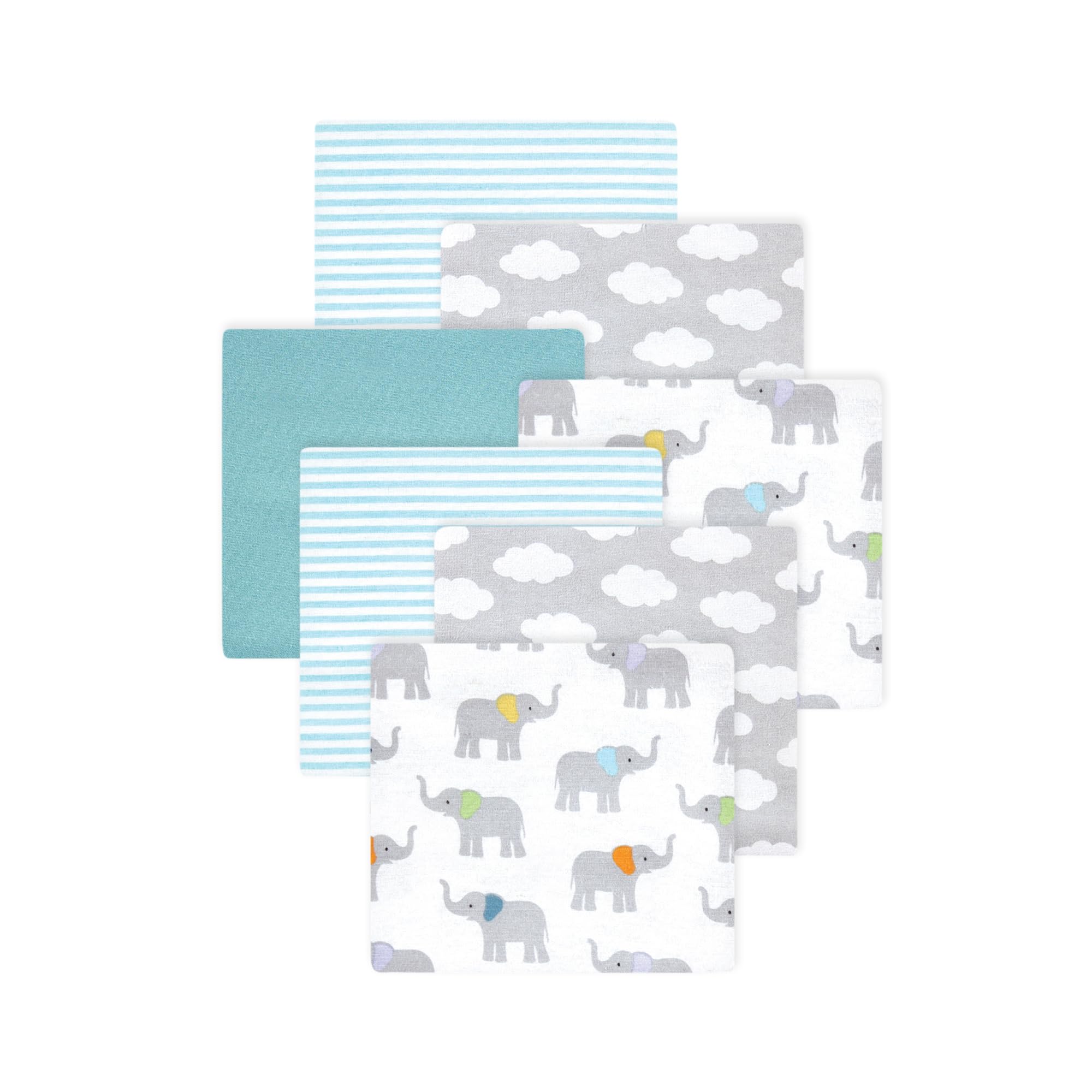 Little Treasure Hudson Baby Cotton Poly Flannel Receiving Blankets Multipack, Grey Teal Elephant, 30x30 inches