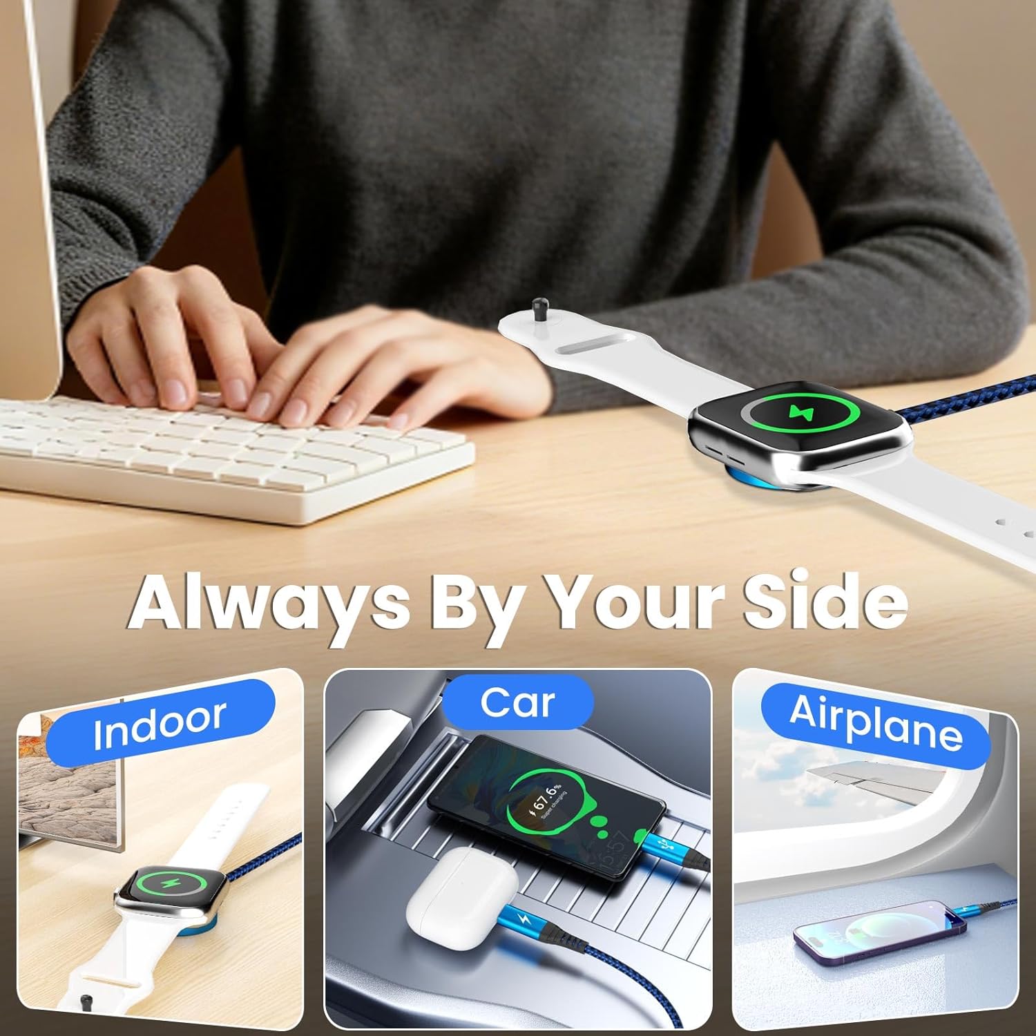 Multi Charging Cable for Apple Watch Charger, 4 in 2 USB A/C Phone Charger Cord with Dual Type-C/IP, iWatch Charger Cable Nylon Travel Essentials Compatible with iWatch/iPhone 17-11/Pod/Android, 5FT 9 71o2vyXMflL. SL1500