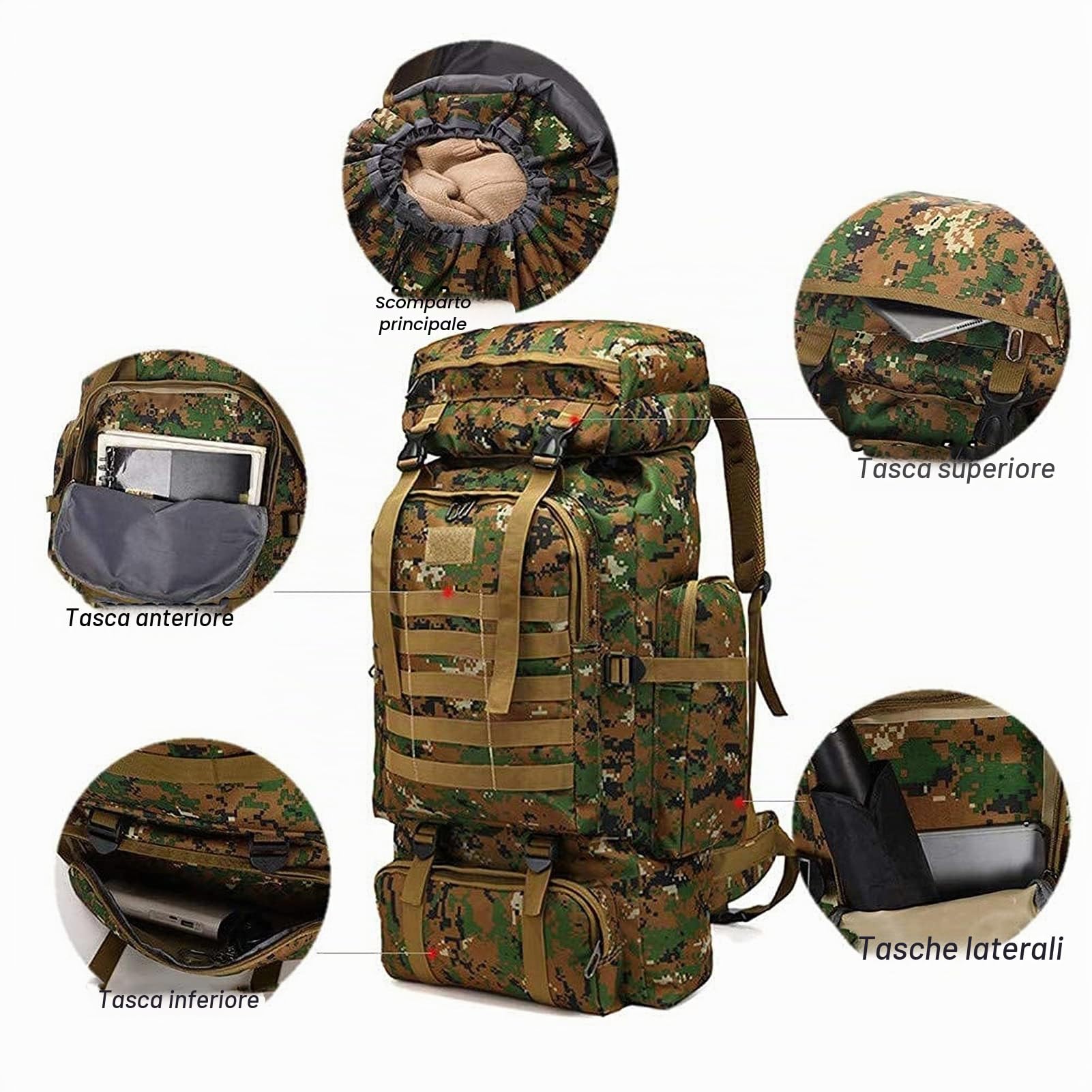Zaino Trekking Grande 60 litri - 80L Zaino da Campeggio Tattico Militare Zaini da Escursionismo Impermeabile per Uomo Donna per Viaggio Outdoor, Montagna, Pesca, Caccia