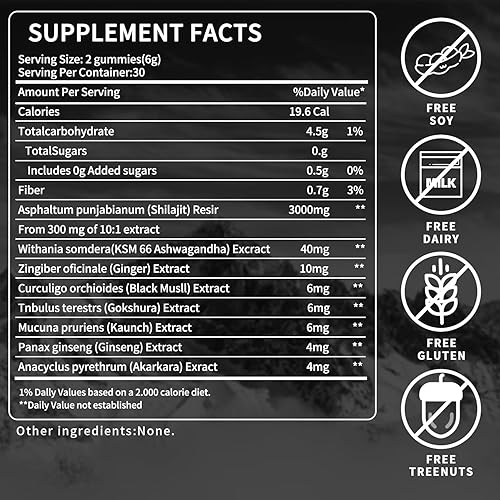 Vista 7 de Shilajit - Gomitas de oro para hombres y mujeres con Ashwagandha y Gokshura, más de 85 minerales y ácido fúlvico, energía natural y apoyo