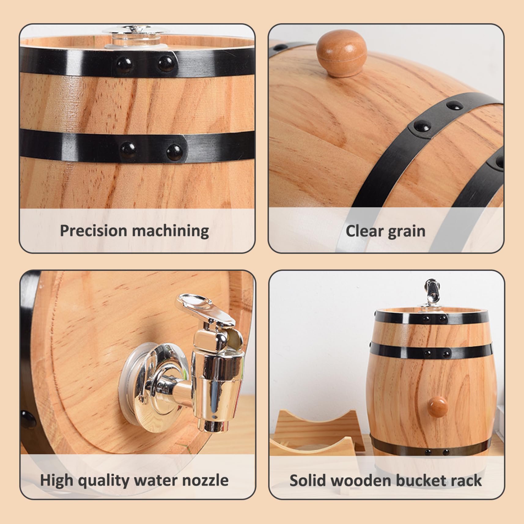 Tonneau à vin 3 L Tonneau à whisky avec support de robinet Fûts en chêne pour le vieillissement du whisky Distributeur en bois Décoration de bar café pour spiritueux, liqueurs, présentation et st