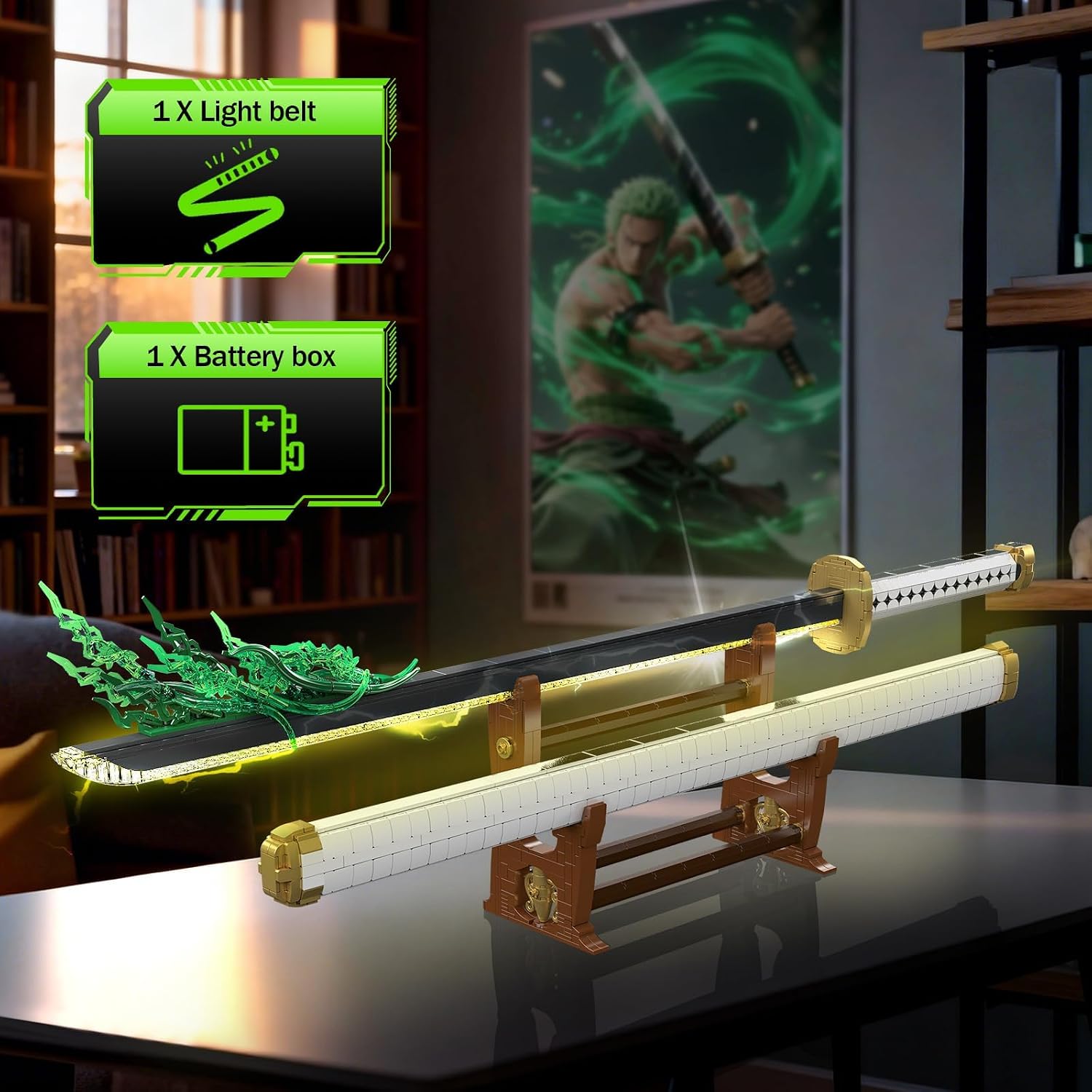 Mould King 10258 MOC Samurai Sword Building Block Model, 1674+ Piece LED Light-Up Anime-Inspired Sword Display with Scabbard, Battery Box & Stand, Large-Scale Decorative Assembly Model