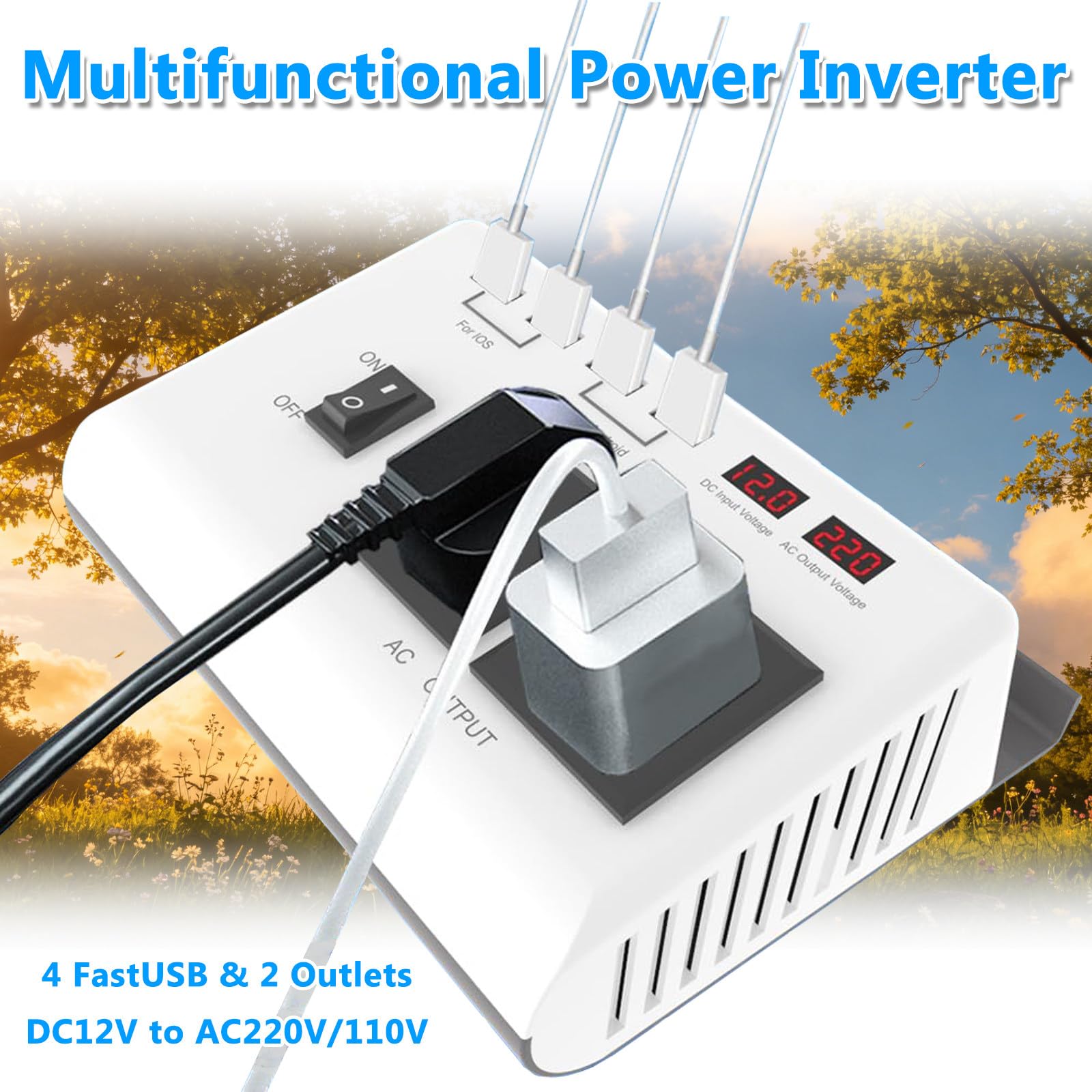 Inversor 12v para 220v Inversor Coche 300W con 4 Puertos USB 2 Tomas AC Soporte para Teléfono Adaptador de Coche Onda Sinusoidal Modificada para Viajes 12V-220V