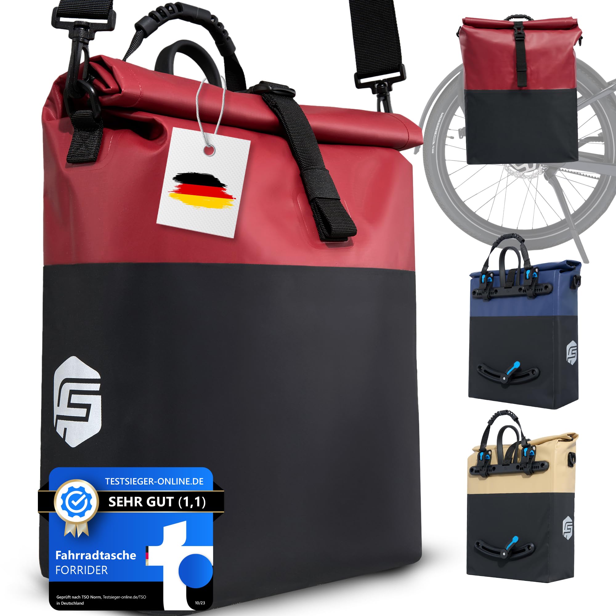 Forrider Fahrradtasche E-Bike & Fahrrad Tasche wasserdicht 22L für Gepäckträger mit Schultergurt & Reflektoren | Fahrrad Gepäckträgertasche | Fahrradtaschen Gepäckträger Tasche hinten (Rot)