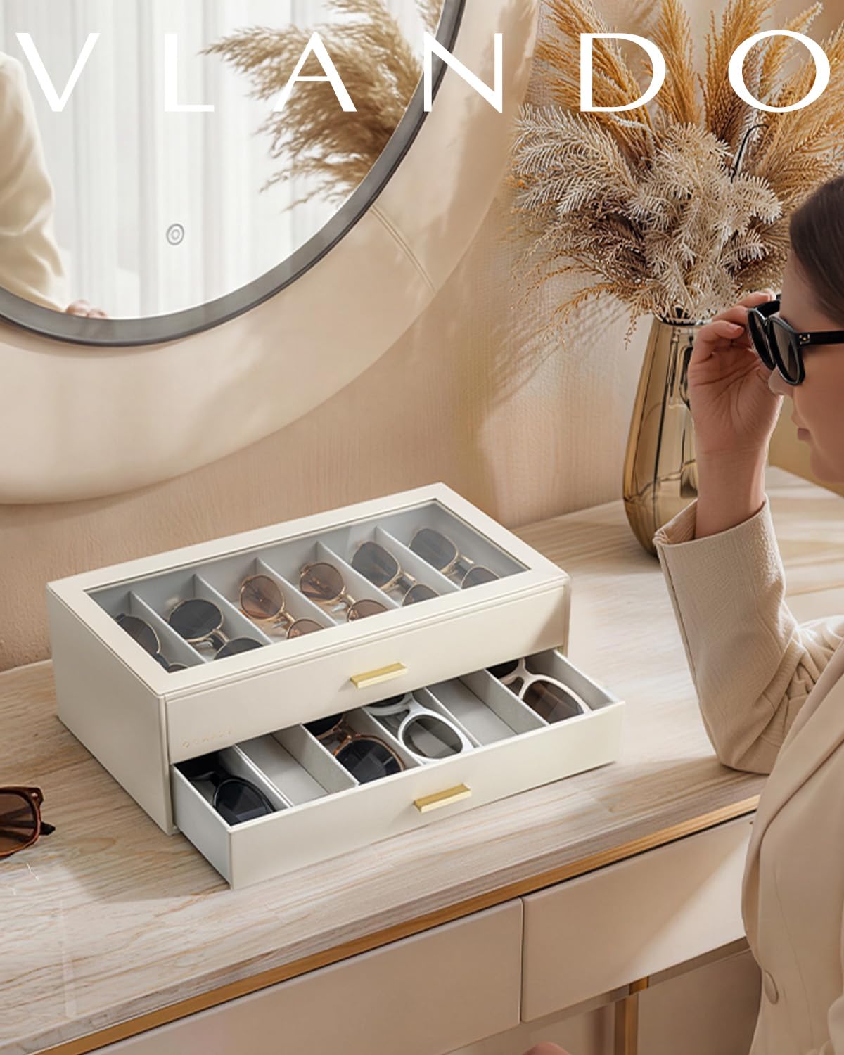 VLANDO Sonnenbrillen Aufbewahrung 2 Etagen, Brillen Aufbewahrungsbox mit Transparentem Glasdeckel für 12 Brillen, Sonnenbrillen Organizer zur Aufbewahrung Mehrerer Brillen, Beige