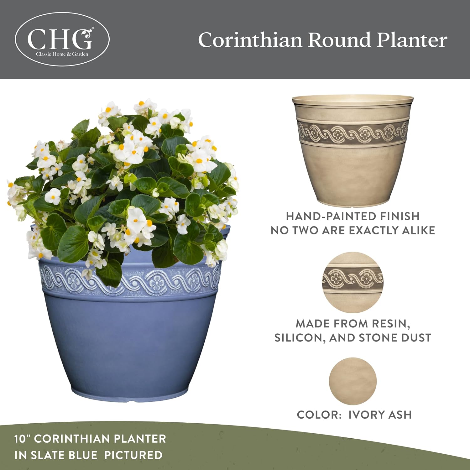 Classic Home and Garden Corinthian Resin Planter Pot - Outdoor & Indoor Plant Pot - Round Planter For Plants & Flowers (10" Ivory Ash, Pack of 1)