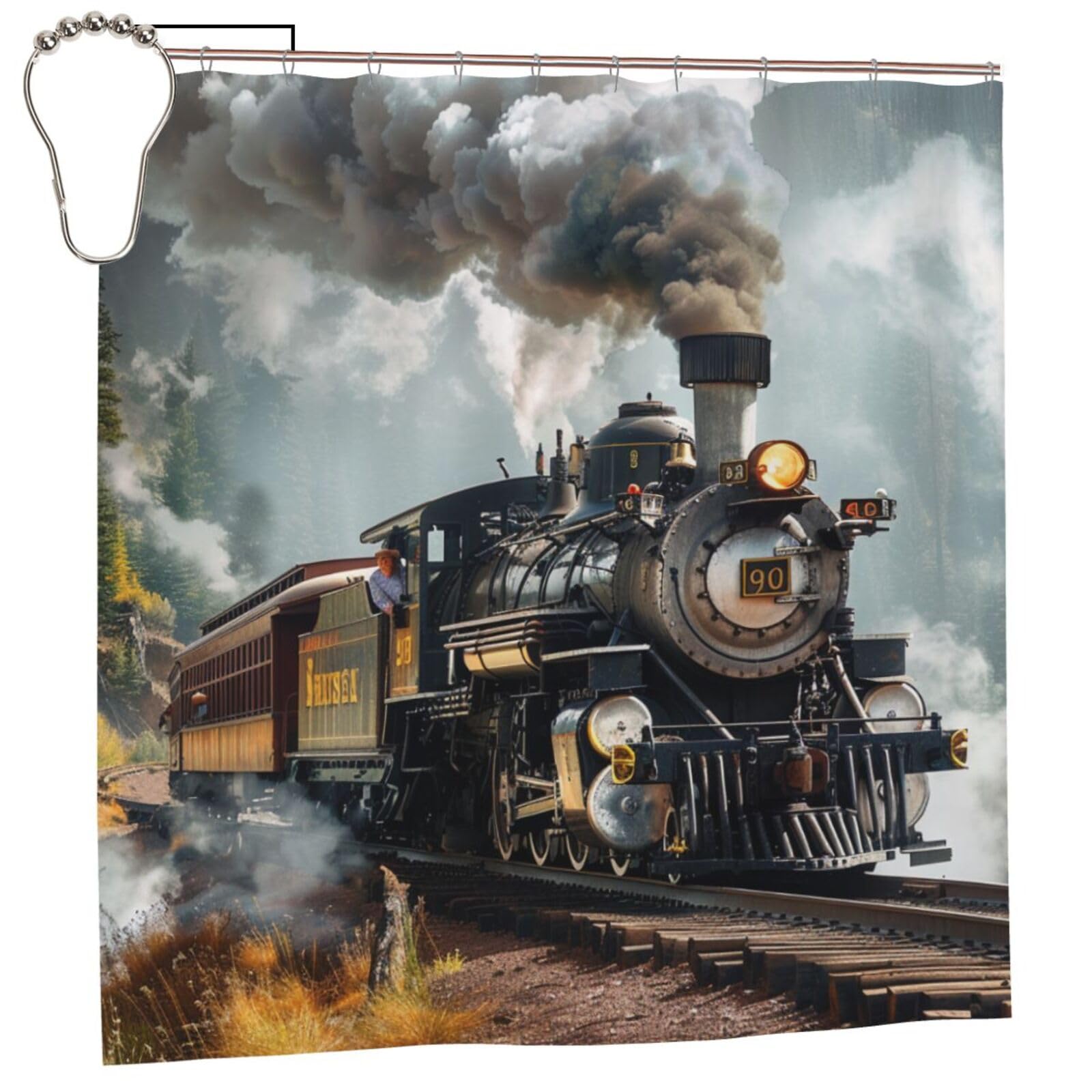 BWWHCCTI Steam Train Printed Shower Curtain With 12 Iron Hooks Opaque Quick Drying Waterproof Shower Curtains Sets For Bathroom 183x183 CM