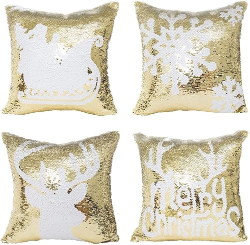Bestag Juego de 4 fundas de almohada con lentejuelas y diseño de Navidad 160 x 160in color dorado