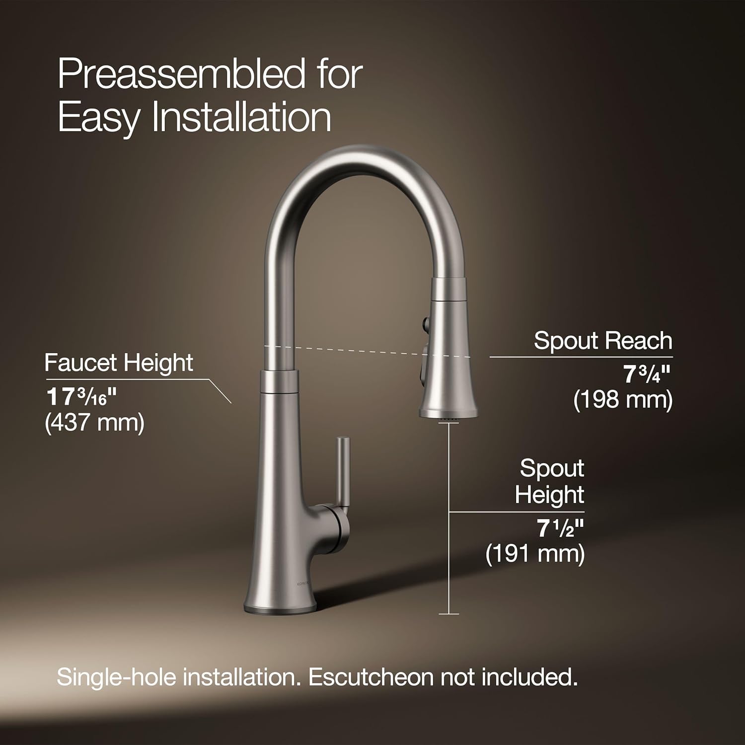Kohler 23764-VS Tone Pull Down Kitchen Faucet, Kitchen Sink Faucets with Pull Down Sprayer, Vibrant Stainless