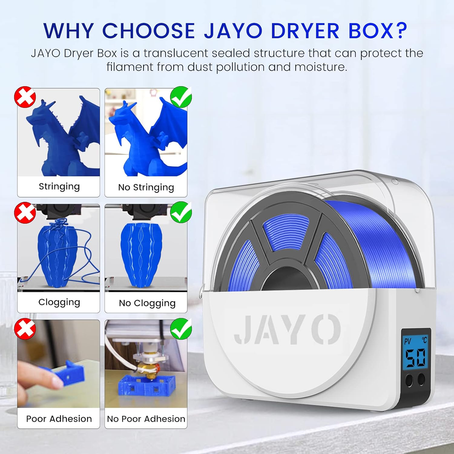 JAYO 3D Printer Filament Dryer Box, Keep Filaments Dry During FDM 3D Printing, Filadryer Box Compatible with 1.75mm/ 2.85mm/ 3mm Consumables Storage Case