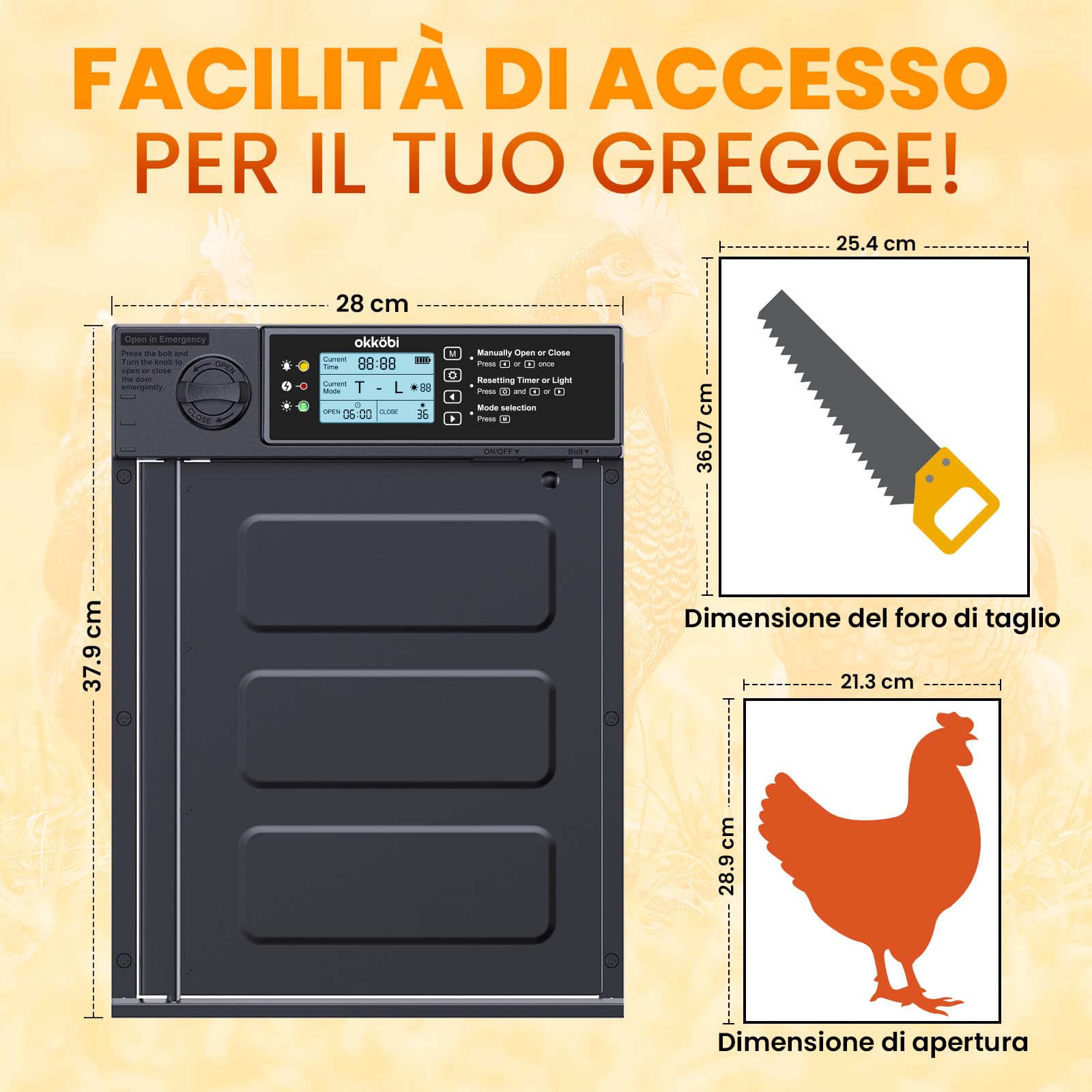 Okkobi Porta Automatica Pollaio Solare - Porta Pollaio con telecomando, Sensore di luce e Timer - Sicurezza e tranquillità: Funzione Antipizzicamento - PRO Version - Display LCD - Protezione di 5 anni