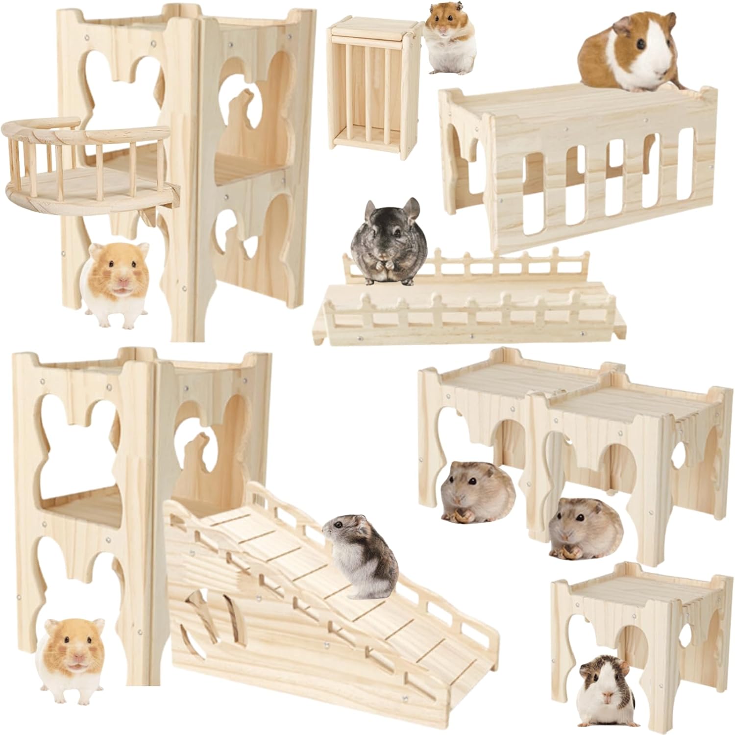 9Pcs Wooden Guinea Pig Hideout, Chinchilla House, Baby Rabbit House, Dwarf Bunny Hut Hideout Wood, Small Animal Hideout for Rats, Hedgehog