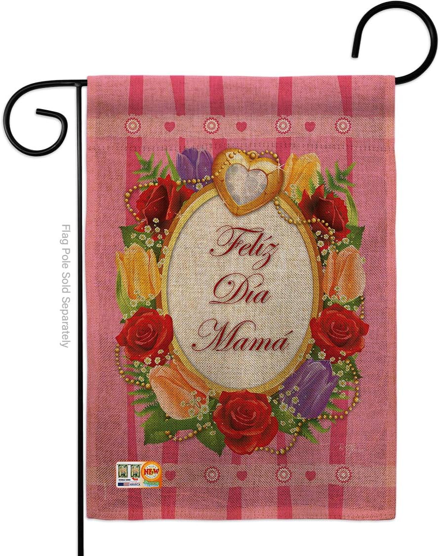 Felíz Día Mamá Burlap Garden Flag Family Mother Day Mom Mama Grandma Love Flowers Parent Sibling Relatives Grandparent Small Decorative Gift Yard House Banner Double-Sided Made In USA 13 X 18.5