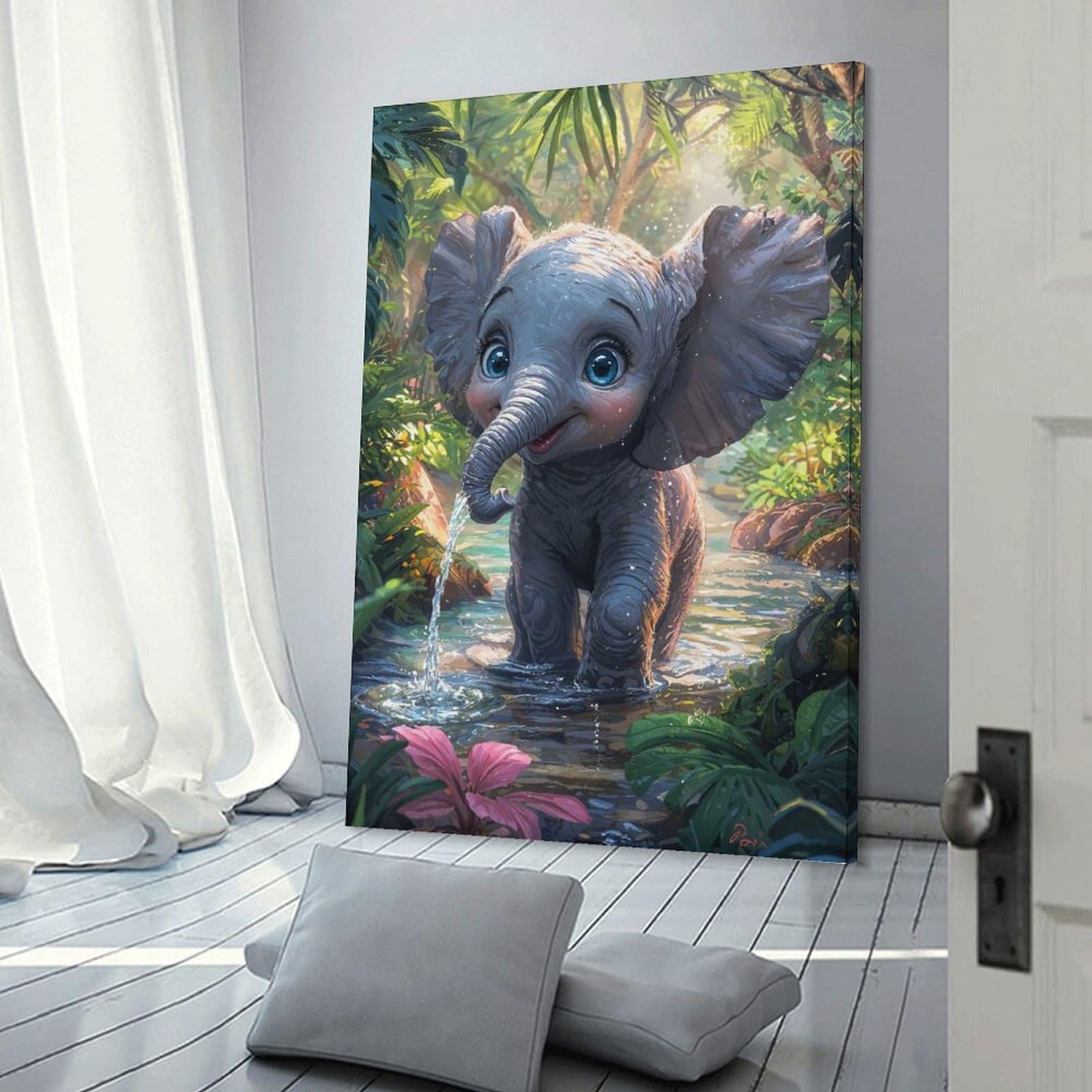 Junmoney Frame-Style-20 Cute Elephant In Jungle Stream Canvas Wall Decor, 20X30inch(50X75cm), For Wall Displays, Bedrooms Or Room Updates, Wall Decor Suited To Curated Displays