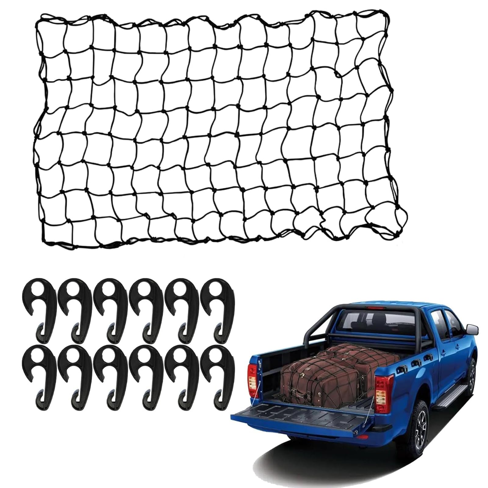MOODKEY Heavy Duty Cargo Net for Truck, 4’x3’ (Stretches to 8' x 6') Latex Bungee Mesh Net with 12pcs Hooks Holds Small and Large Loads for SUV Car