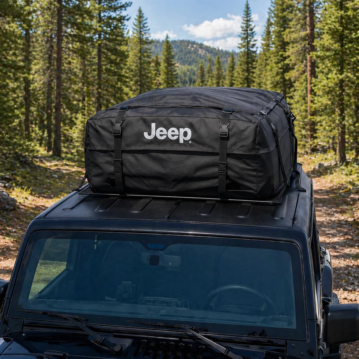 SR1 Performance USA Waterproof Rooftop Cargo Bag – Car Roof Carrier for Cars/SUVs with/Without Rack, Includes Non-Slip Mat, Heavy-Duty Straps, Lock for Secure Travel Storage (20 Cubic Feet, Jeep Logo)