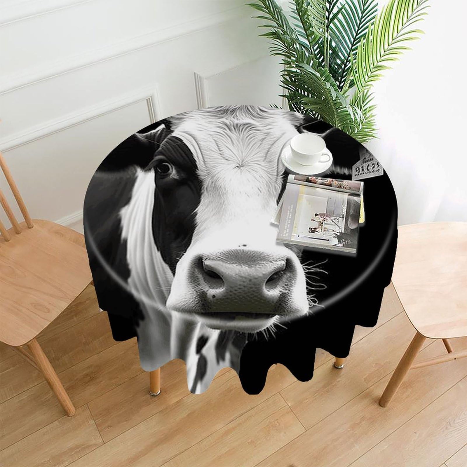 VstaDank Animal Funny Cow Head Black White Table Cloth Fashions Washable Round Tablecloth Decorative Table Cover Comfortable Straight Edge Tablecover for Dining Kitchen Party Outdoor 60 Inch