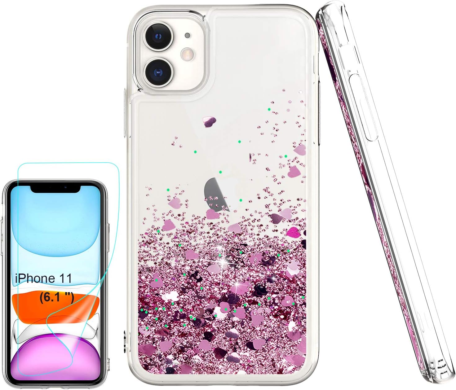 iPhone 11 Phone Case, iPhone 11 Case with HD Screen Protector for Girls, Atump Luxury Glitter Quicksand Clear TPU Protective Phone Case for iPhone 11,Rose Gold