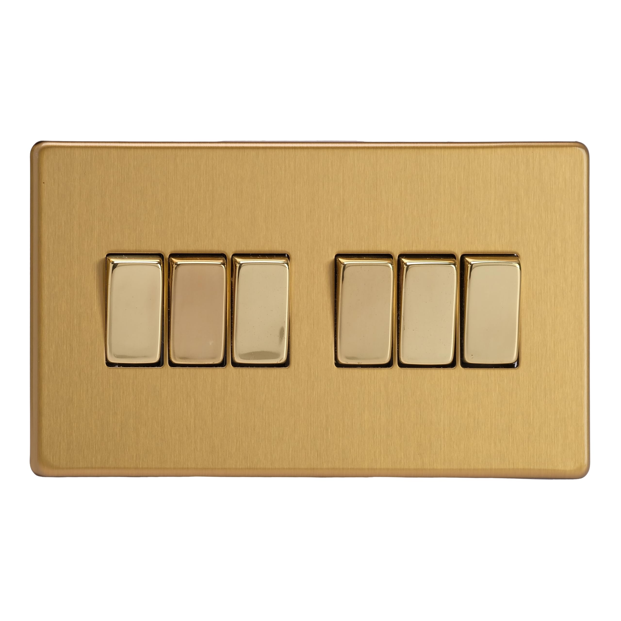 Varilight 6-Gang Rocker Light Switch 2-WayScrewless Brushed Brass With Polished Brass RockersXdb96S from B&Q