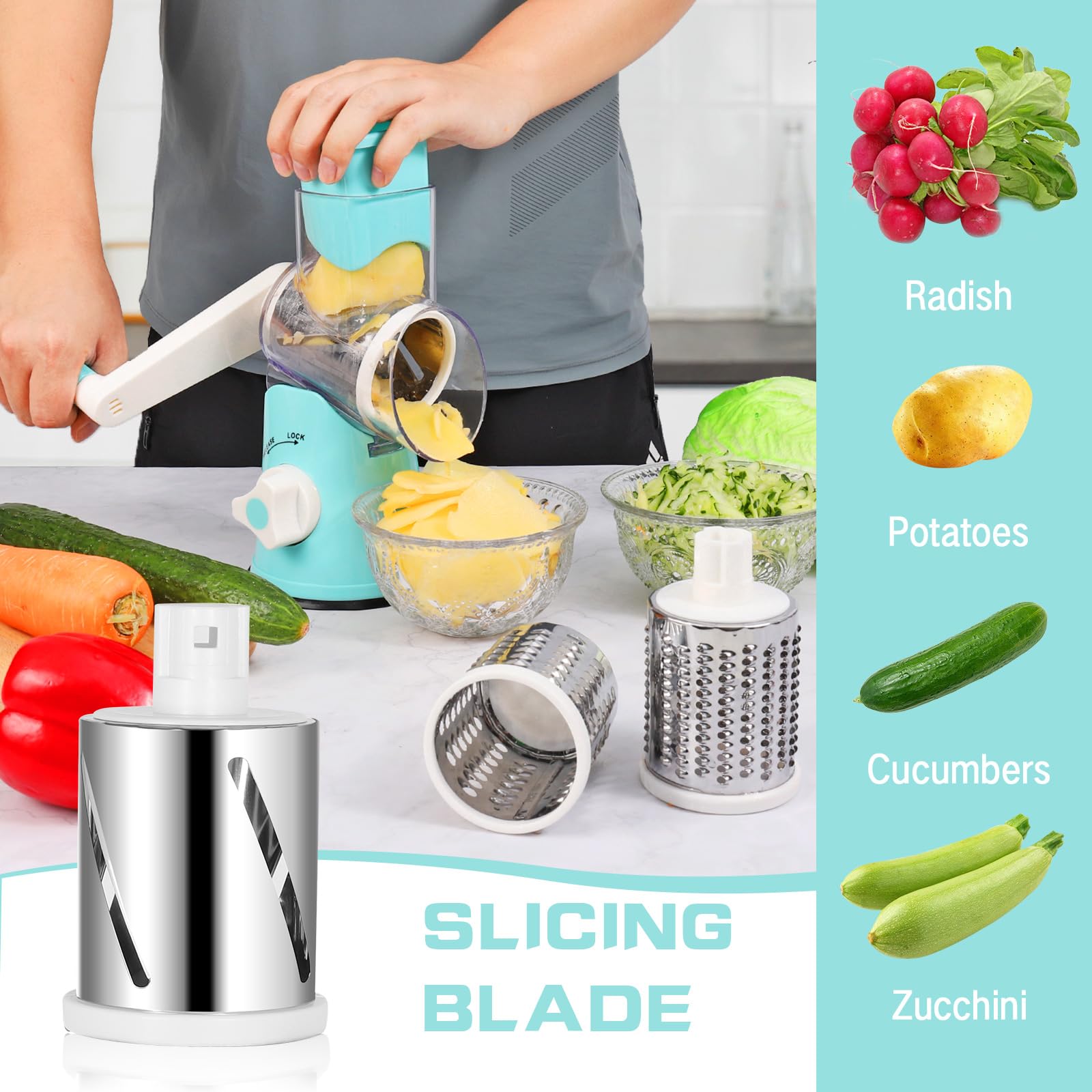 Roterende kaasrasp, Reemix roterende groentesnijder, roterende keuken mandoline groentesnijder met 3 vervangbare roestvrijstalen messen (groen