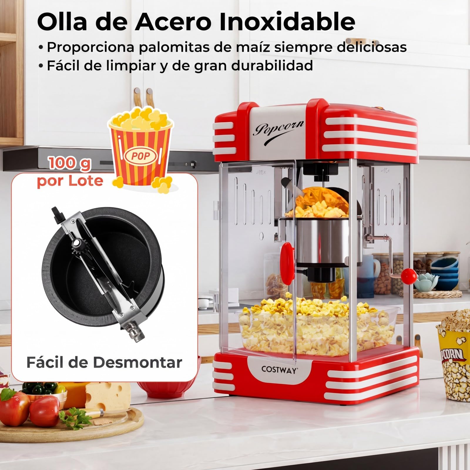 COSTWAY 300 W Palomitero Eléctrico Antiguo, Máquina de Palomitas Sobremesa con Luz Halógena, Olla de Acero Inoxidable, Cucharas para Granos y Aceite, Bandeja de Servicio, Rojo