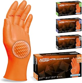 PROGRIP Einweghandschuhe Diamant Grip, Orange, Einmalhandschuhe Extra Stark, Nitrilhandschuhe Gr. L, 2x dicker, Handschuhe Einweg, Arbeitshandschuhe für Werkstatt & Montage, 50 Stk/Box