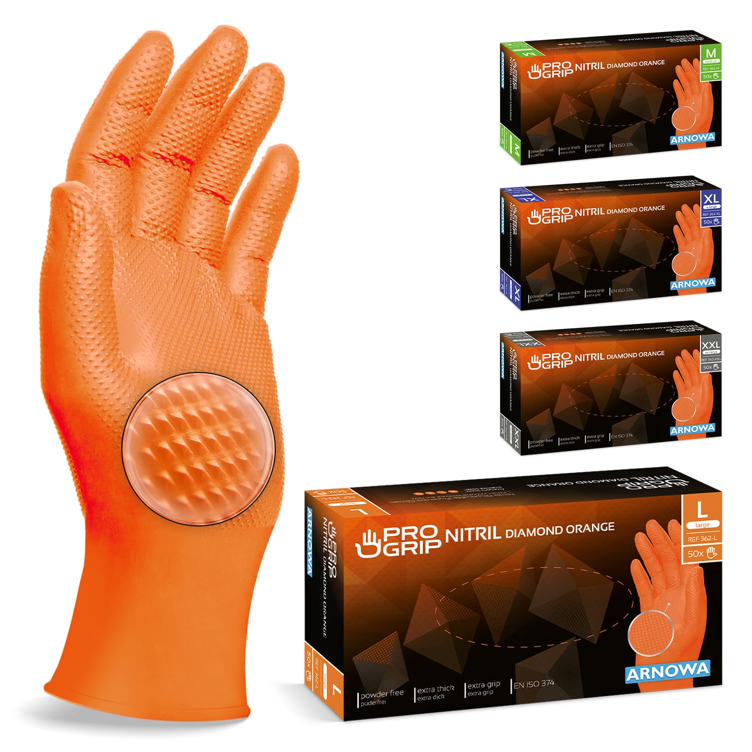 PROGRIP Einweghandschuhe Diamant Grip, Orange, Einmalhandschuhe Extra Stark, Nitrilhandschuhe Gr. L, 2x dicker, Handschuhe Einweg, Arbeitshandschuhe für Werkstatt & Montage, 50 Stk/Box