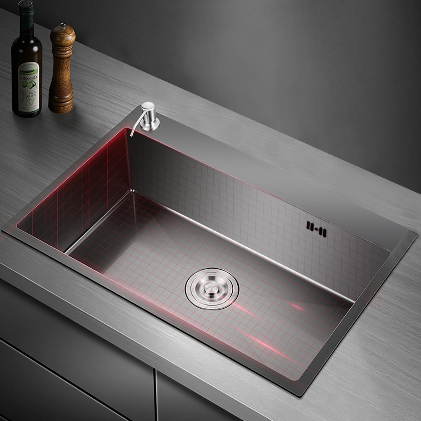 Fregadero negro de 50 x 40 cm, grifo de cocina, fregadero con escurridor y dispensador de jabón, acero inoxidable, empotrable, fregadero de cocina, 1 lavabo cuadrado (sin grifo)