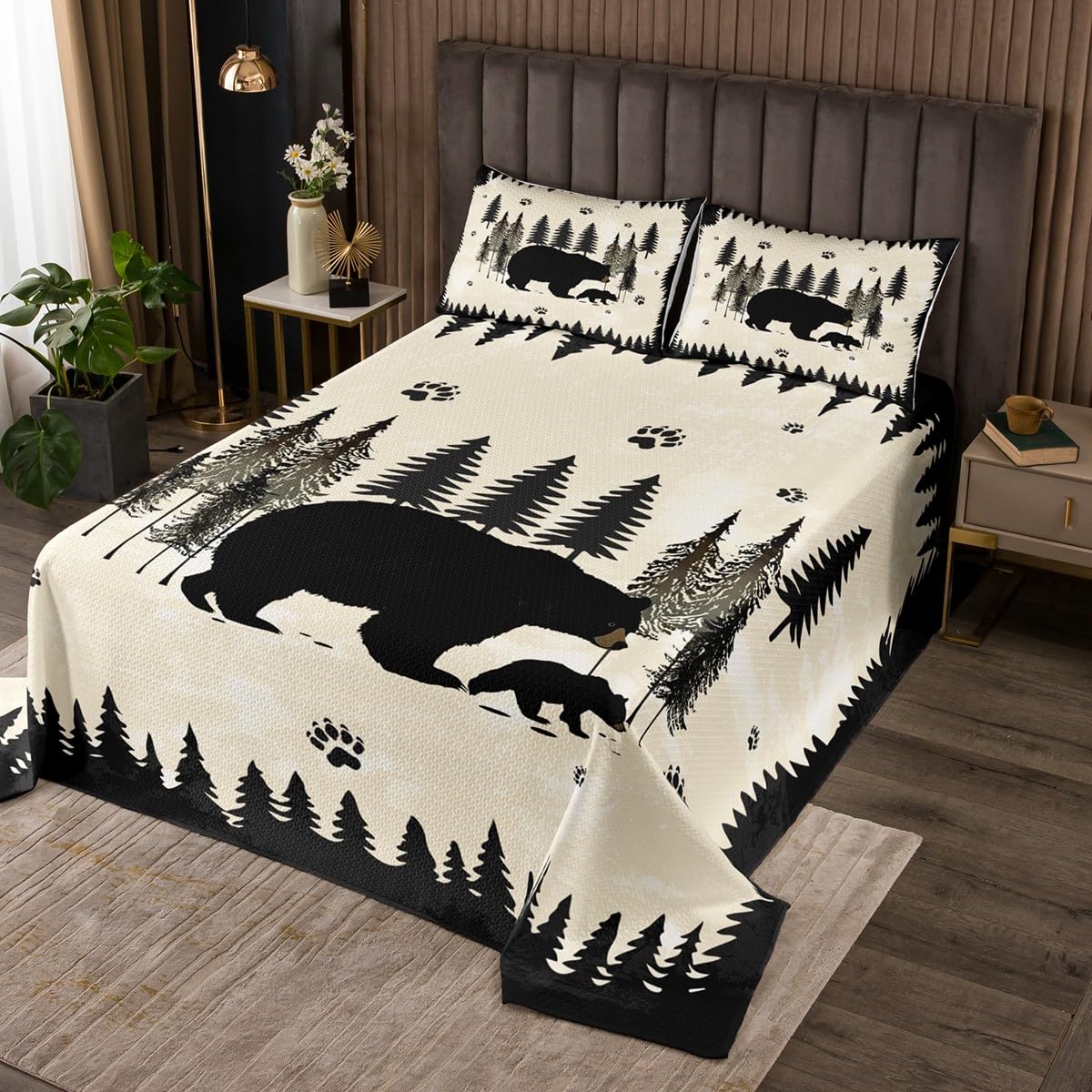 Cartoon Bear Bedding Set,Cute Wild Animal Paw Print Bedspread for Kids Boys Girls Teens,Jungle Pine Trees Silhouette Cabin Coverlet Set with 2 Pillowcases,Queen Size 3 Pcs
