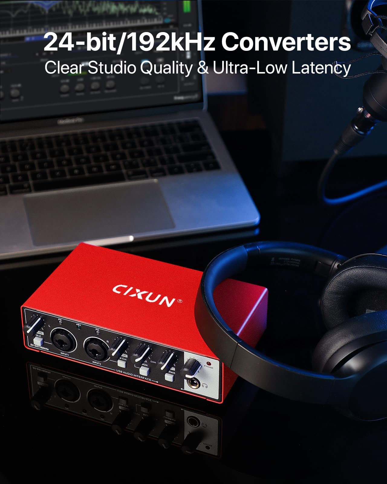 Carte Son Externe,2×2 Interface Audio USB-C pour PC,24 Bits/192 kHz, Doubles Entrées TS/XLR,Alimentation Fantôme +48 V,pour Studio/Podcast/Diffusion en Direct (Rouge)
