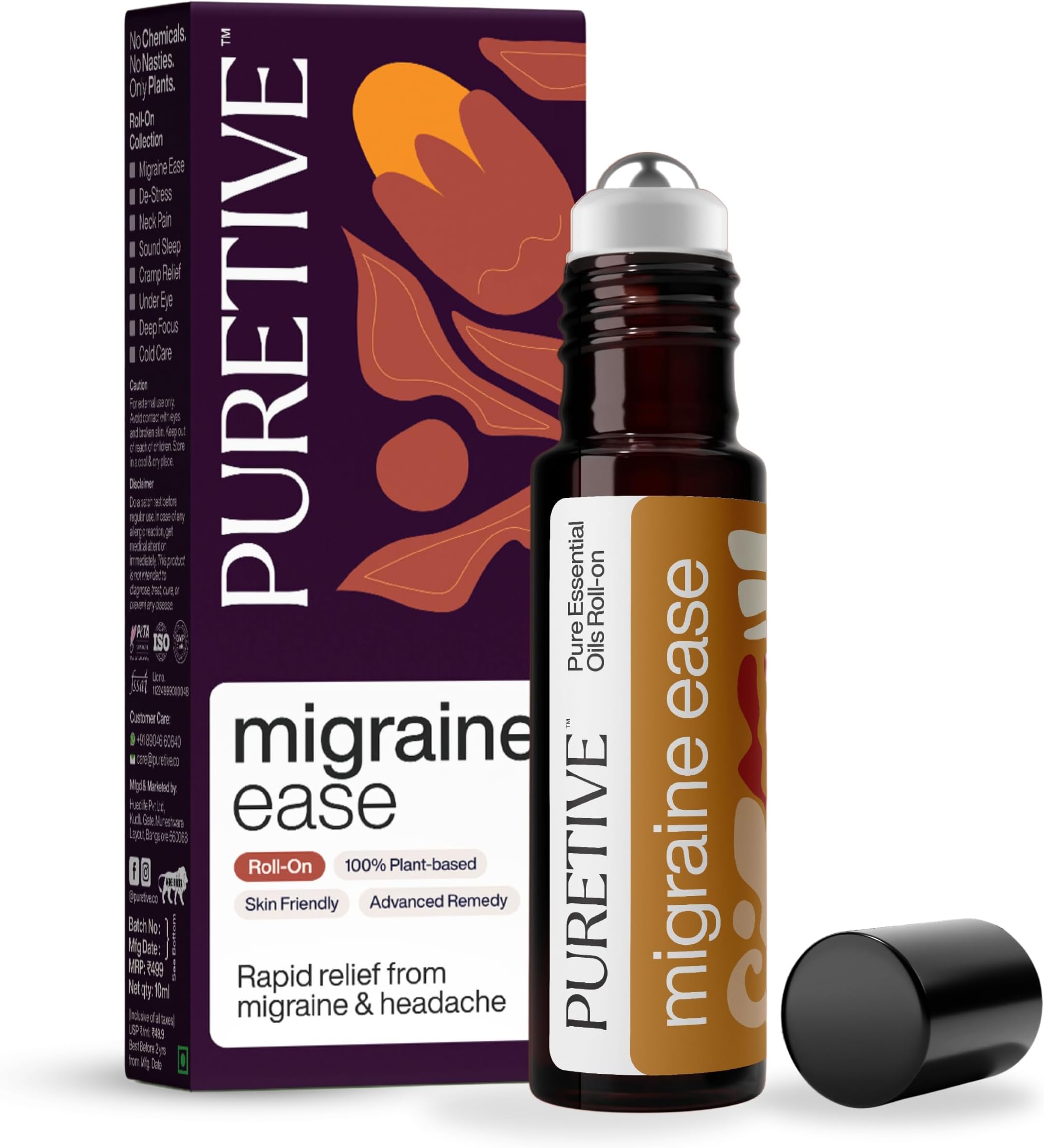 Puretive Headache Migraine Fast Relief Roll-On Sinus Advanced Pain Remedy Ayurvedic Natural Herbal Remedy with Peppermint Eucalyptus Camphor Wintergreen Arnica Essential Oils Metal Roller Ayush Certified Non Greasy Travel Friendly Roller 10ml