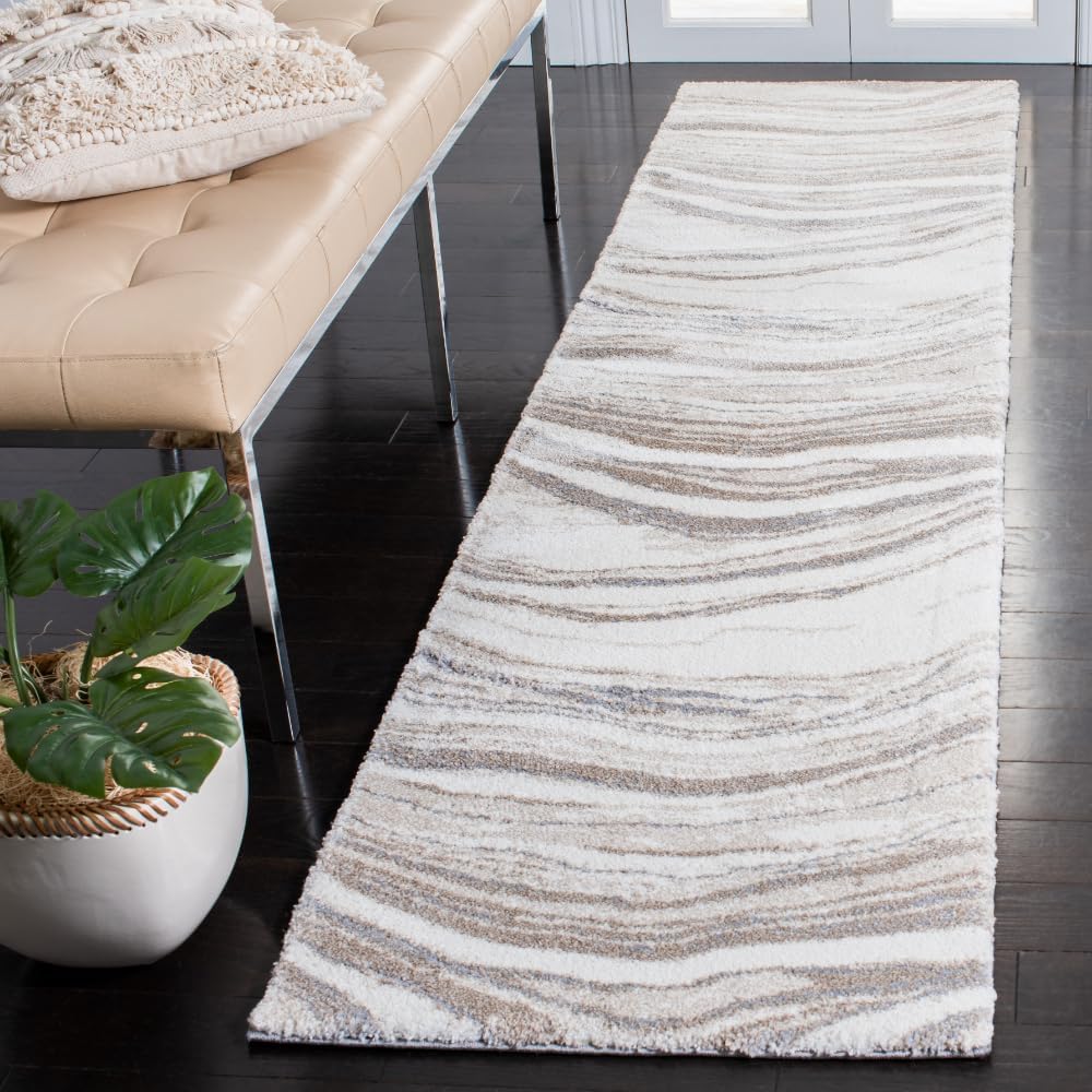 SAFAVIEH Cyrus Shag Collection Runner Rug - 2'2" x 9', Ivory & Grey, Modern Abstract Design, Non-Shedding & Easy Care, 0.8-inch Thick Ideal for High Traffic Areas in Living Room, Bedroom (CYR130A)