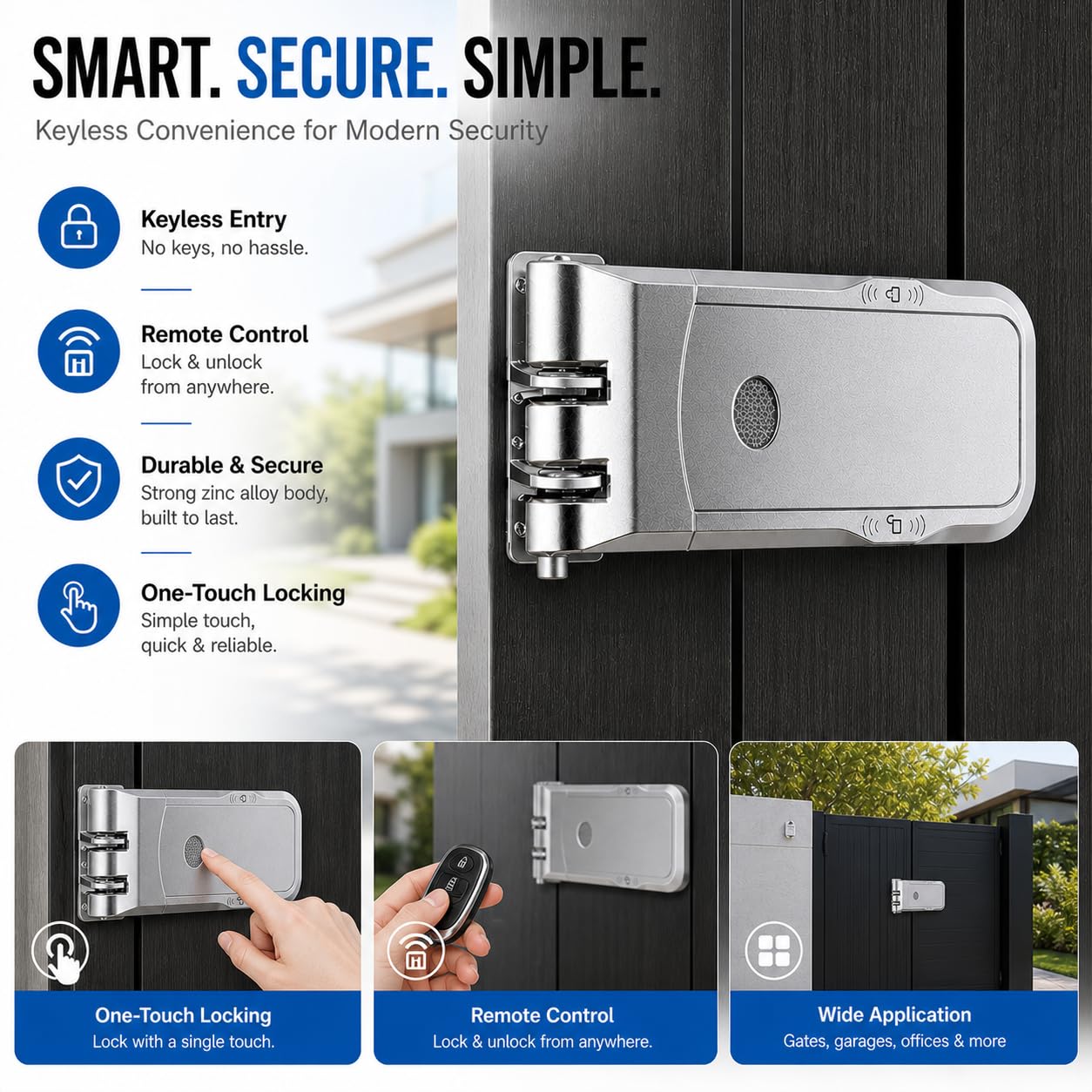 Cerradura de puerta oculta con 4 mandos a distancia | Entrada sin llave, cerrojo electrónico, diseño invisible, para seguridad del hogar, instalación sin herramientas