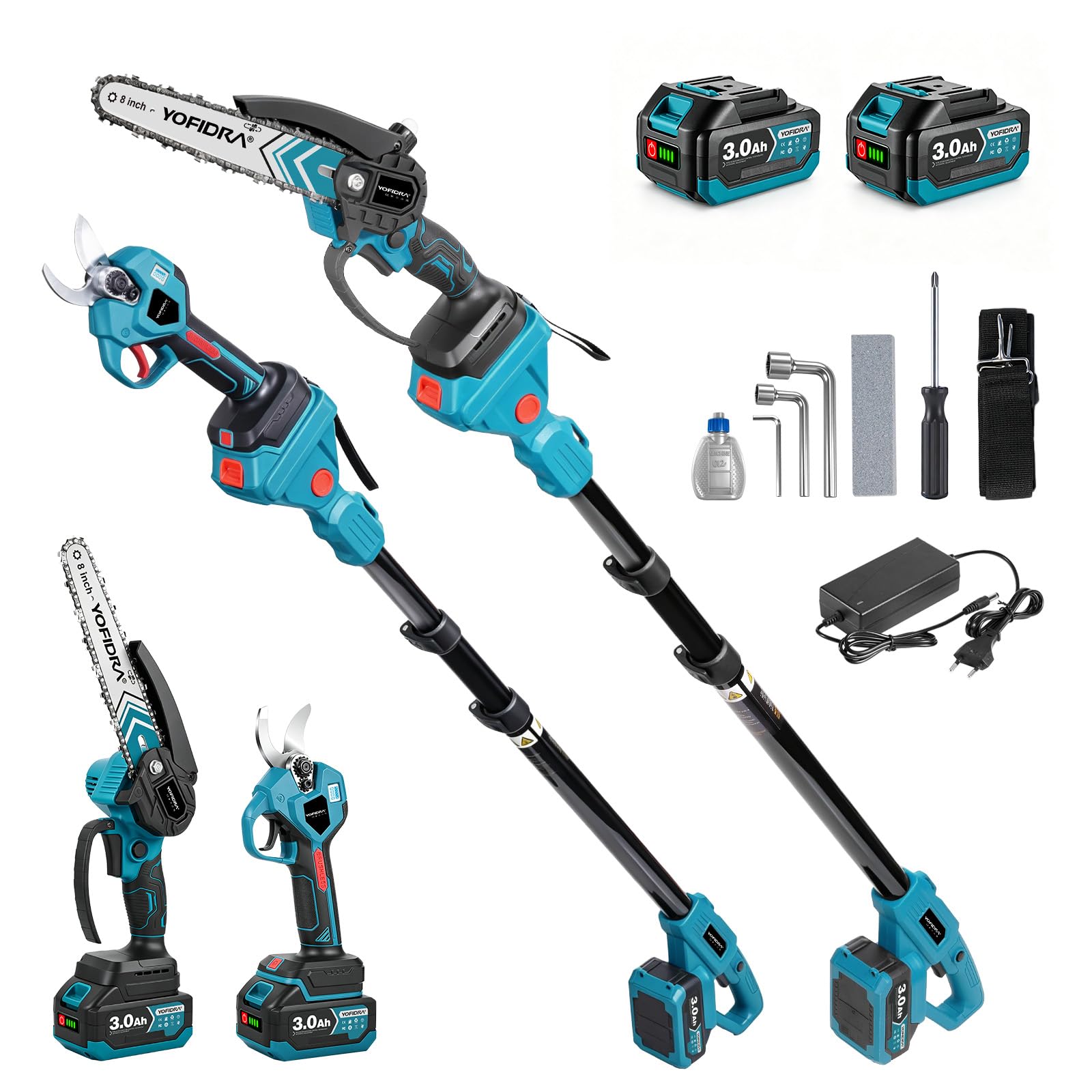 Yofidra Kit 4-en-1 d’Élagueuse et Tronçonneuse sur Perche, 8” Tronconneuse & 30 mm Sécateur Électrique Sans Fil, avec 2 Batteries 3,0 Ah, Portée Maximale Jusqu'à 4,2 m