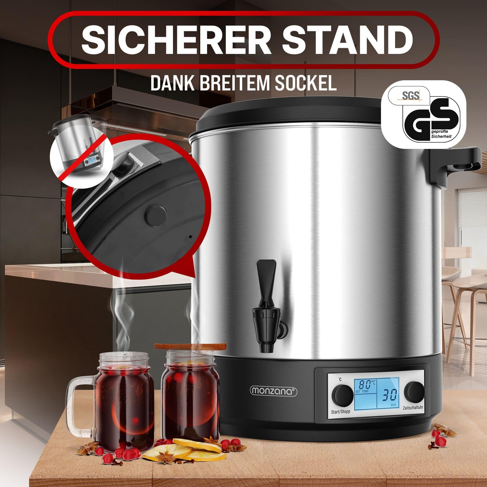 MONZANA® Einkochautomat 28L Digital mit Zapfhahn Thermometer 30-110°C Timer BPA-frei Edelstahl 2000W Glühweinkocher Einkochtopf Heißgetränkeautomat