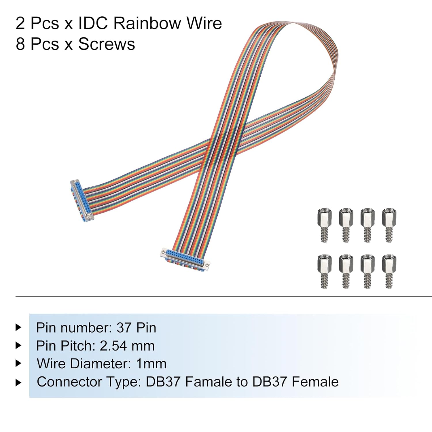 MECCANIXITY 2 Pcs IDC Rainbow Wire Flat Ribbon Cable DB37 Female to DB37 Female 39 Inch Length 2.54mm Pitch Breadboard Jumper Wires for Electronic Projects