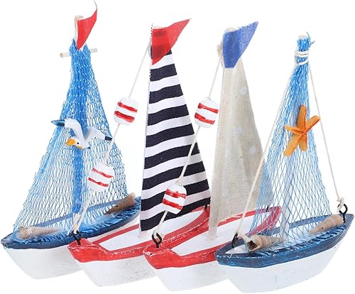 NUOBESTY 4 piezas de mini velero de madera, modelo de barco de vela en miniatura, barcos náuticos, decoraciones para playa náutica, playa, costera,