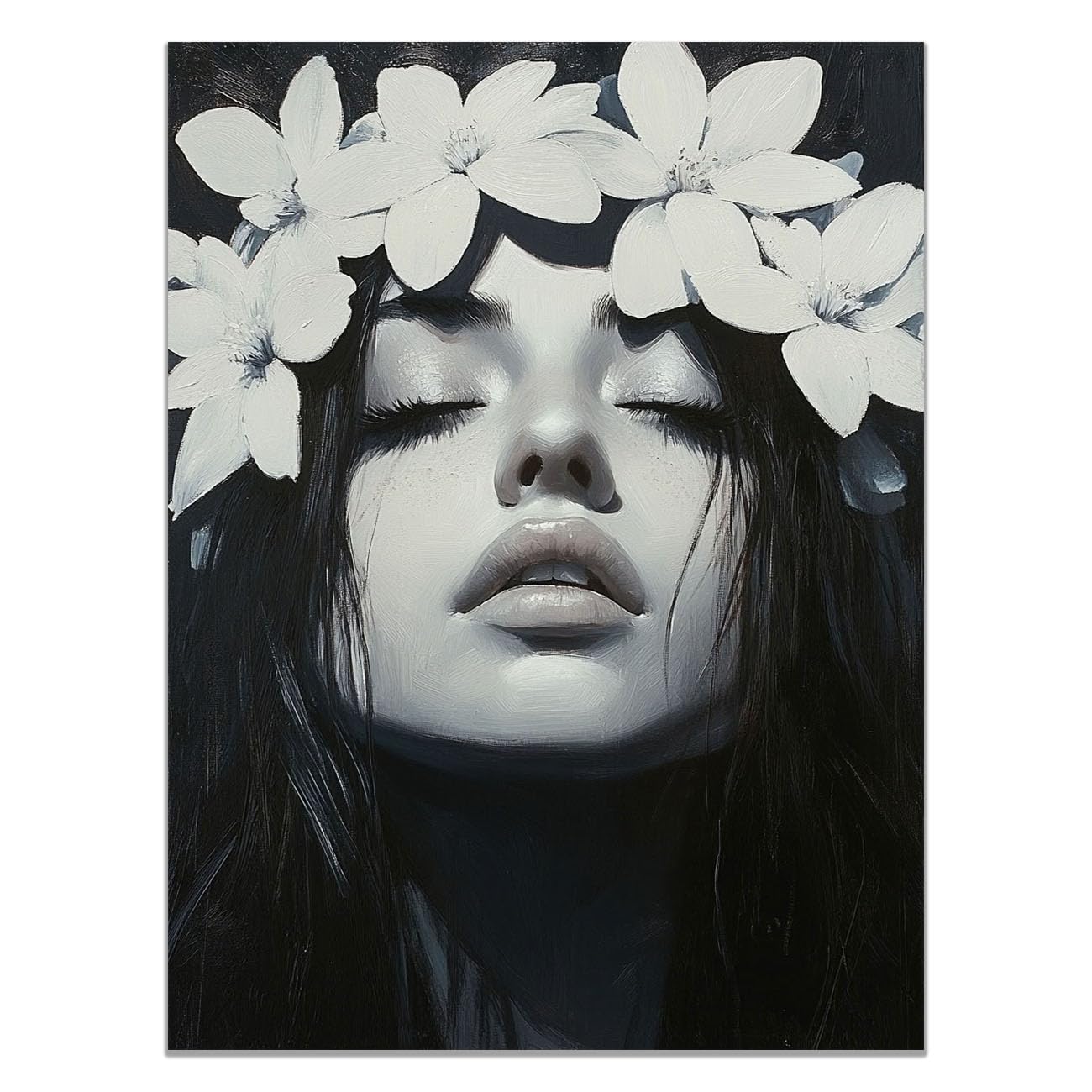 QUSAAOU Black Woman Canvas Wall White Flower Crown Painting Graffiti Canvas Art Posters Prints African Woman Modern Picture For Living Room Bedroom Office(black)-40x60cm1 Unframed