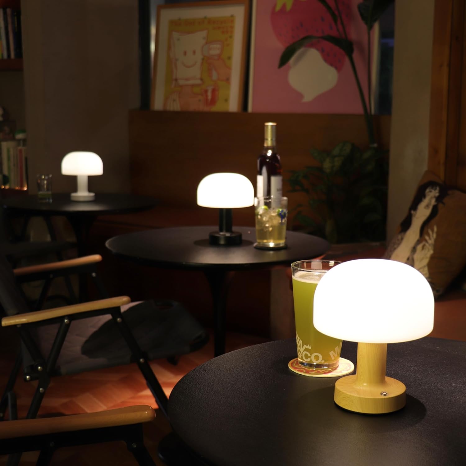 HAPYGI Small Mushroom Table Lamp, Cordless Night Light with 2600mAh Rechargeable Battery, Stepless Dimming Desk Lamp with 3 Colors for Bedroom/Patio/Living Room (Wooden-1)