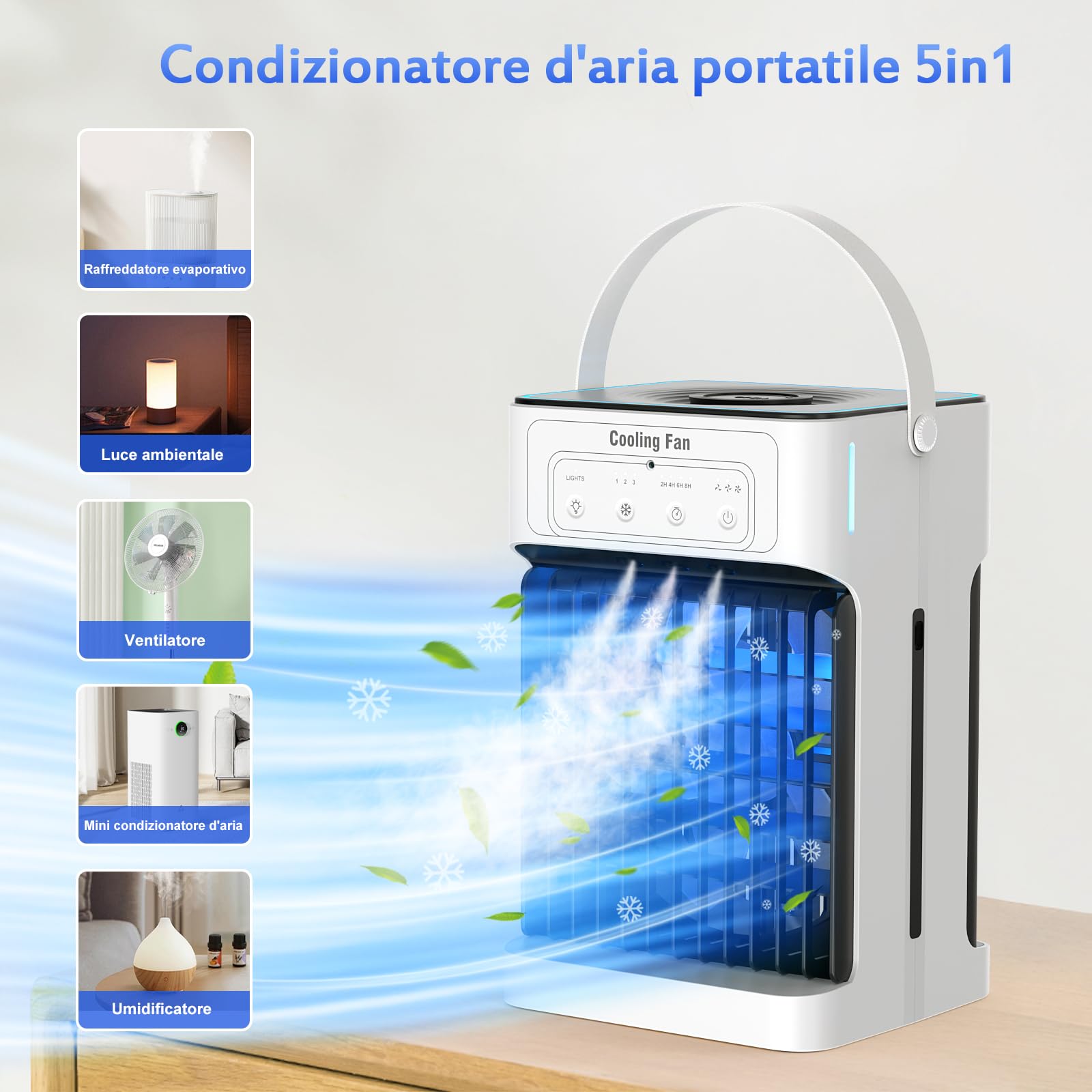 Mini Condizionatore Portatile, 1100 ml Raffreddatore d'aria, 3 Velocità e 3 Modalità di Nebbia, 2-8H Timer e 7 LED Condizionatore Portatile Senza Tubo per Camere, Auto,Camper, e Uffici (10W)
