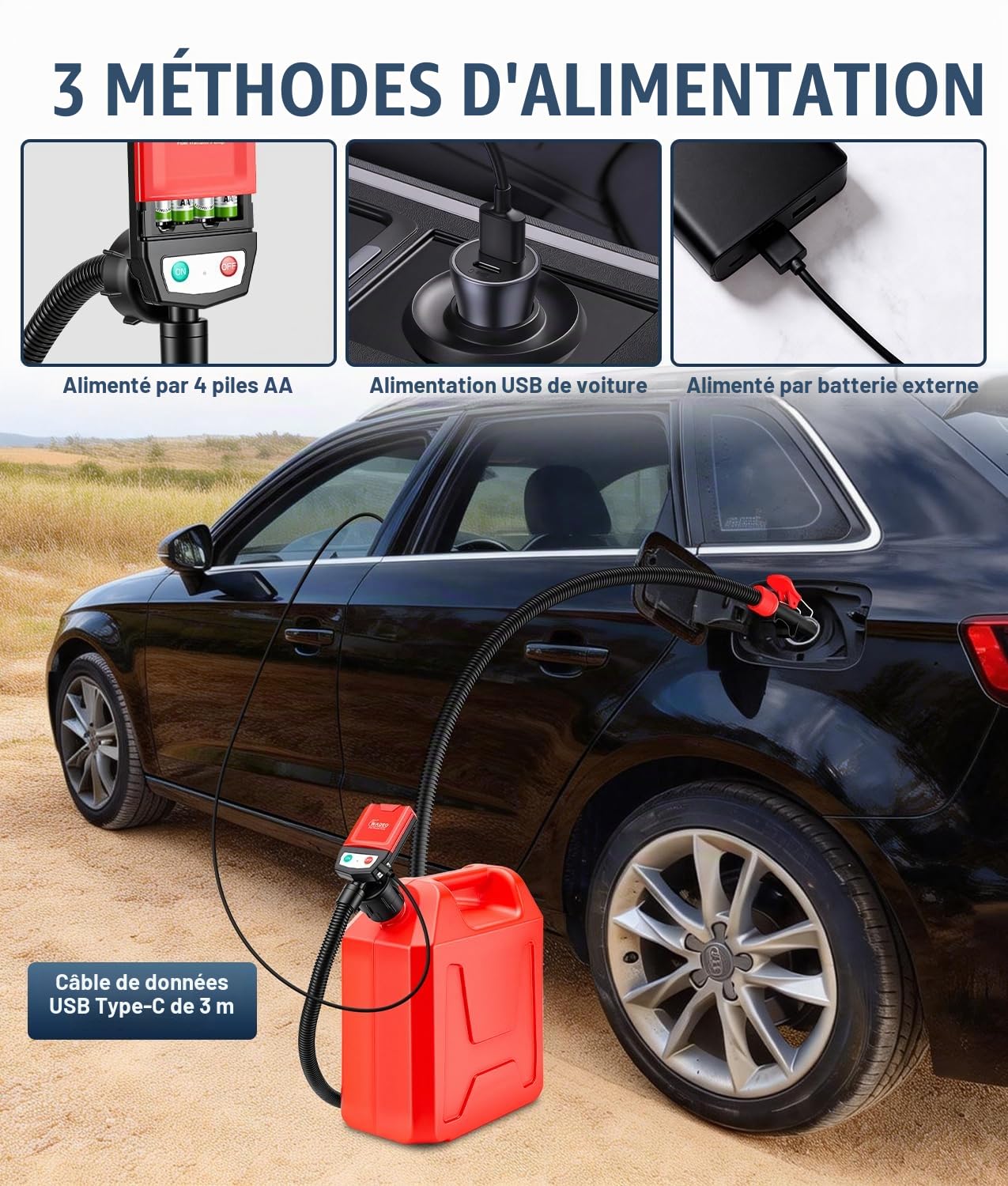 WADEO Pompe de Transfert, Arrêt Auto 15L/min, avec Câble USB de 3m, Tuyau 1.3m + 4 Adaptateurs, Pompe Portable pour Essence/Diesel/Huile/Eau pour Voiture, Tracteur, Motocyclette, Bateau